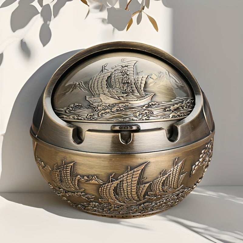 Decorative Metal Ashtray with Lid and Relief Design