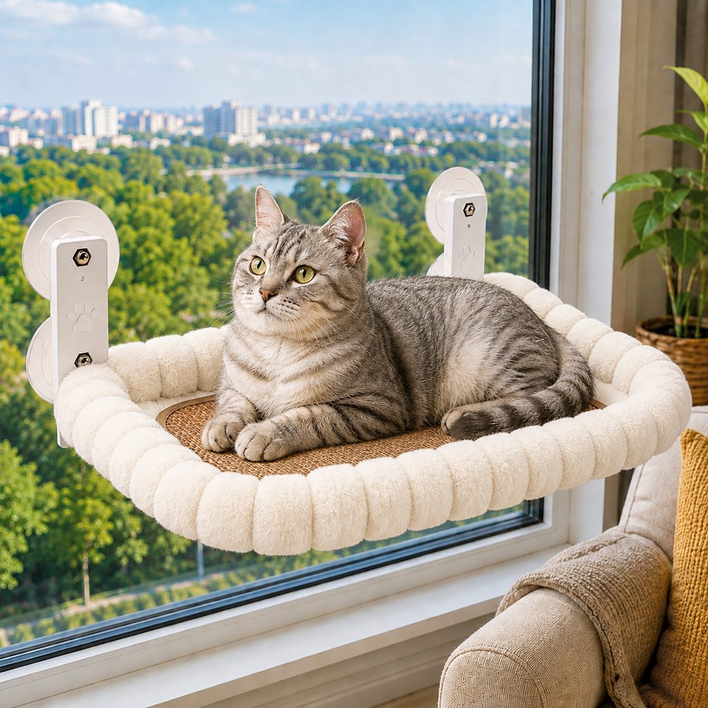 Cat Window Hammock, No-Drill Suction Cup Perch