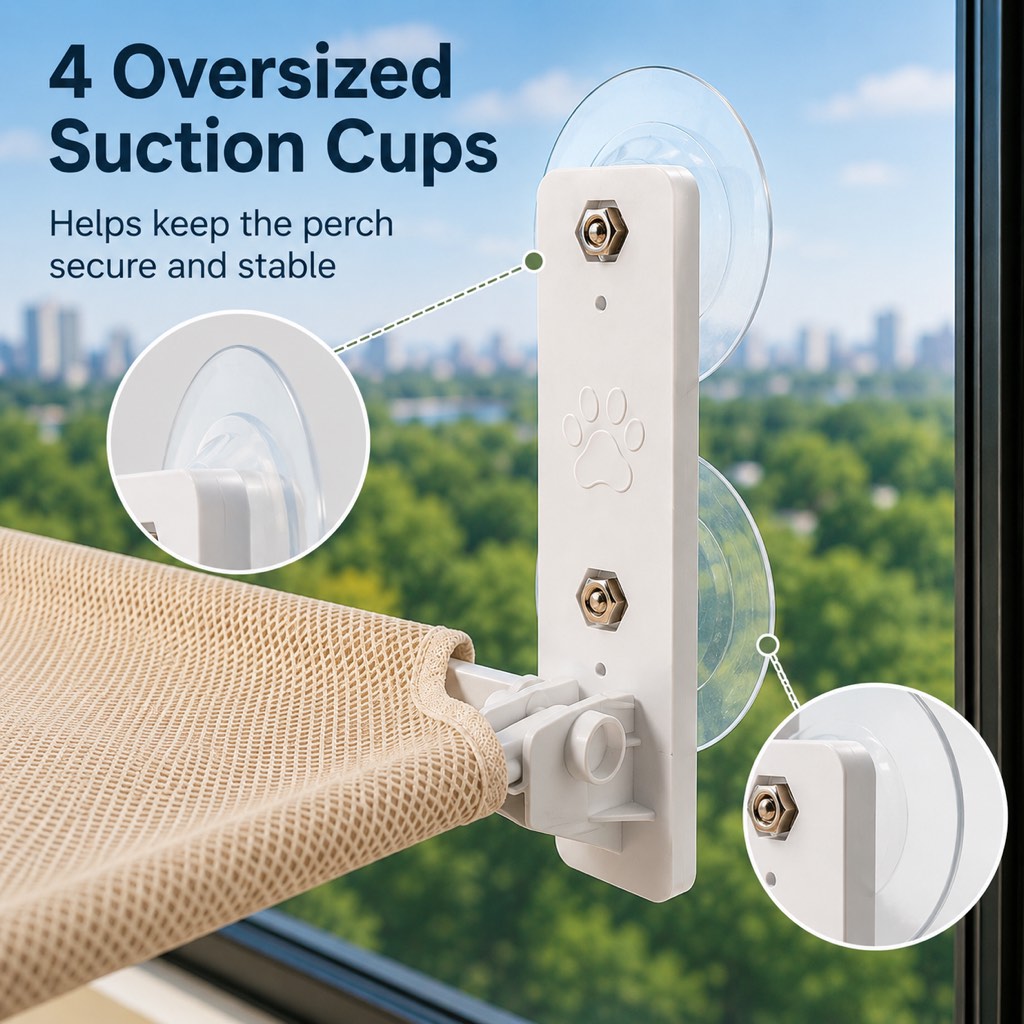 Cat Window Hammock, No-Drill Suction Cup Perch
