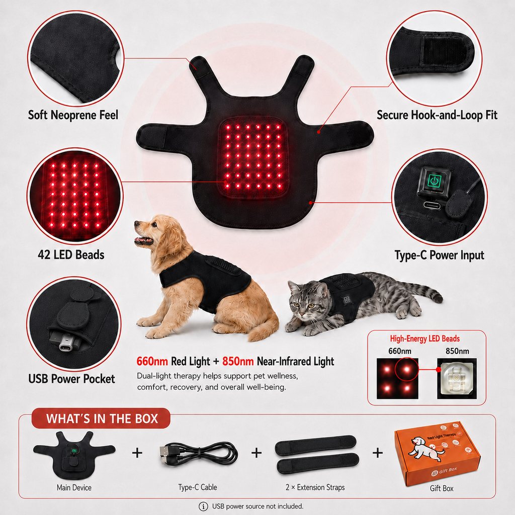 Red Light Vest for Dogs, Back Belly and Hip Wrap