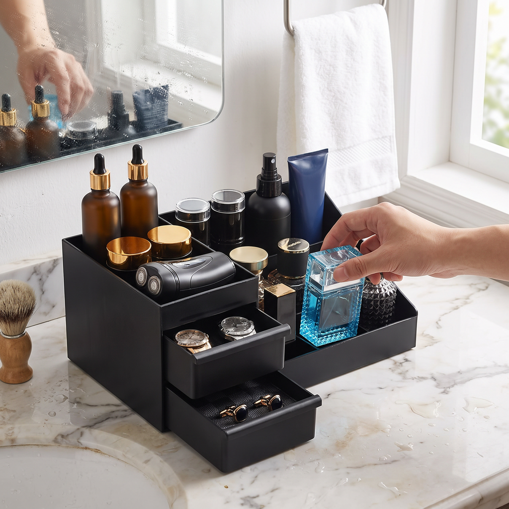 7-Compartment Cologne Stand with Drawers