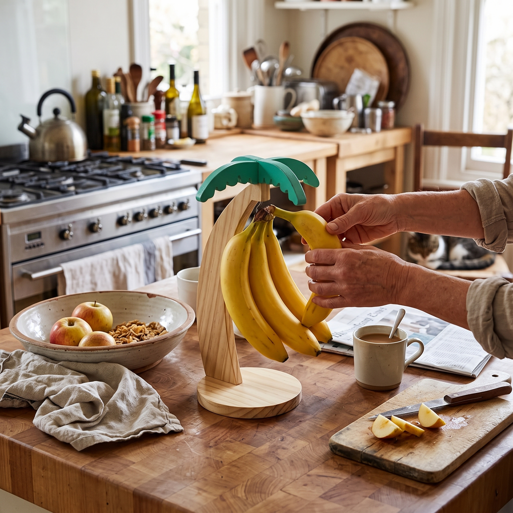 Wooden Banana Hanger with Leaf Detail