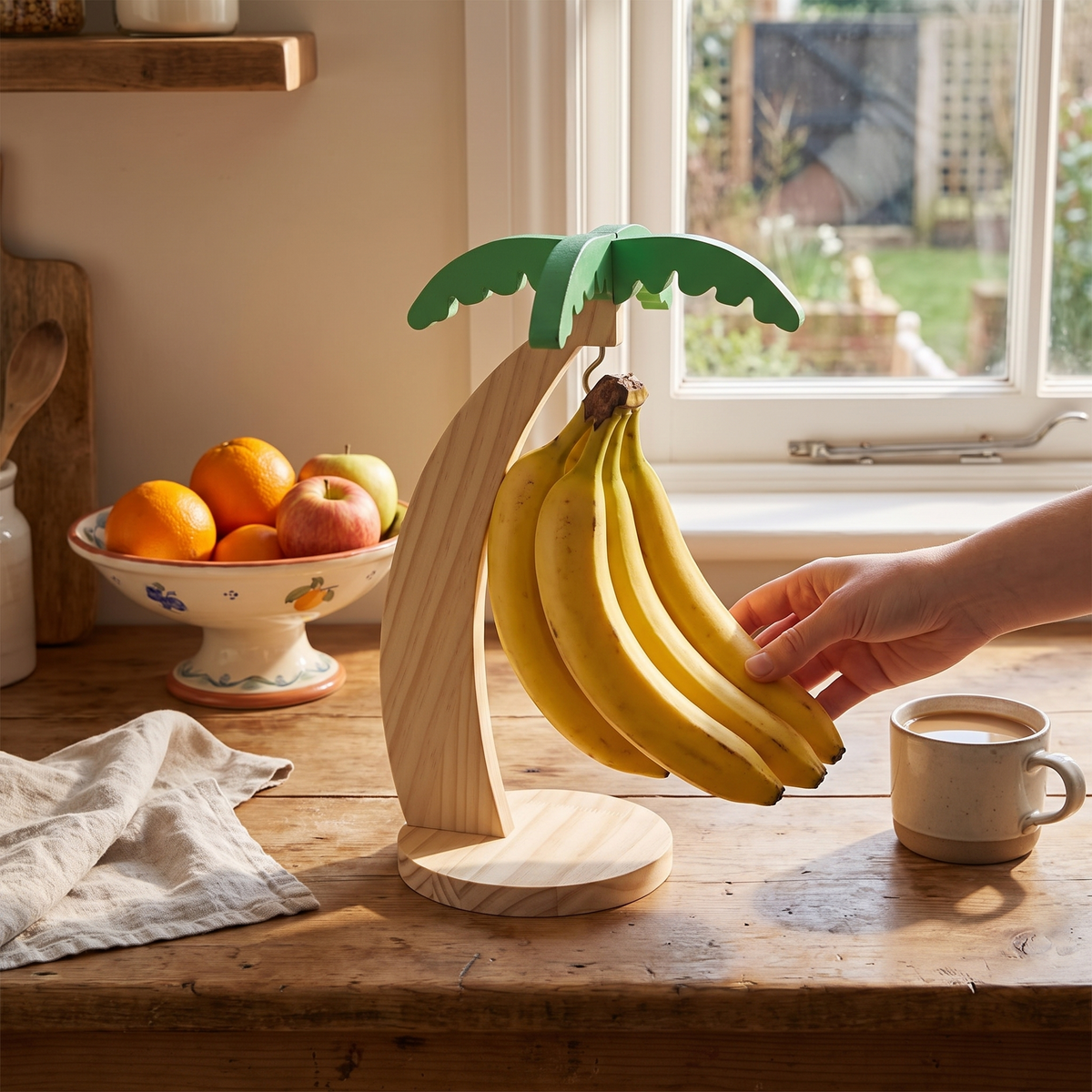 Wooden Banana Hanger with Leaf Detail