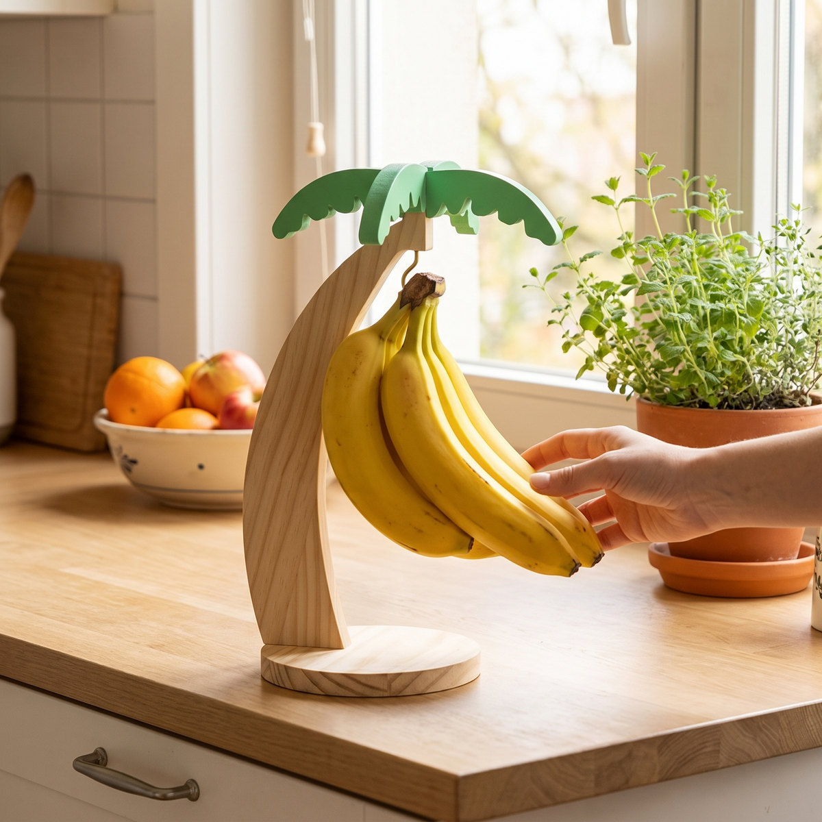 Wooden Banana Hanger with Leaf Detail