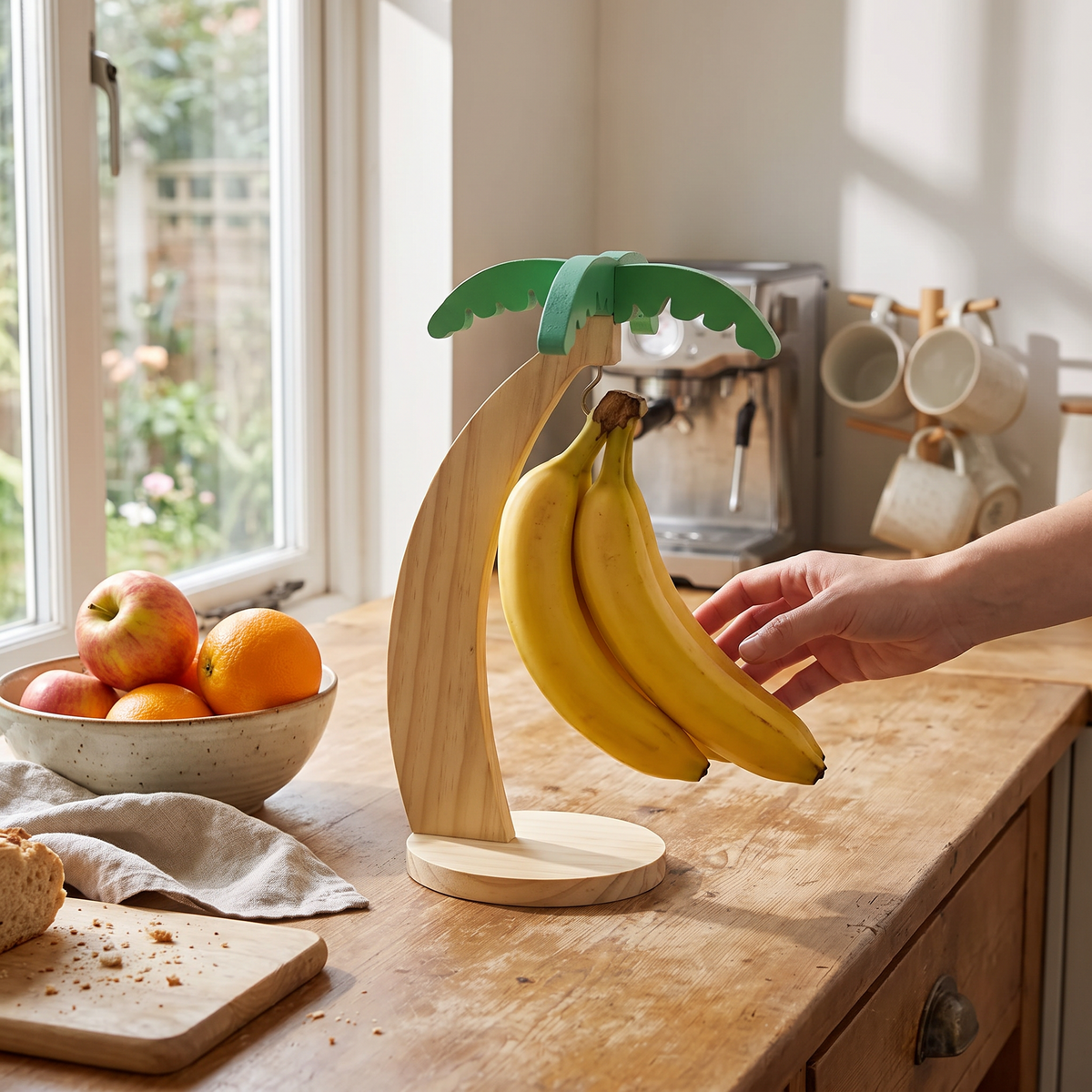 Wooden Banana Hanger with Leaf Detail