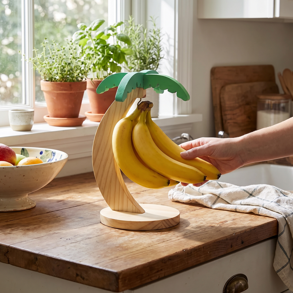 Wooden Banana Hanger with Leaf Detail