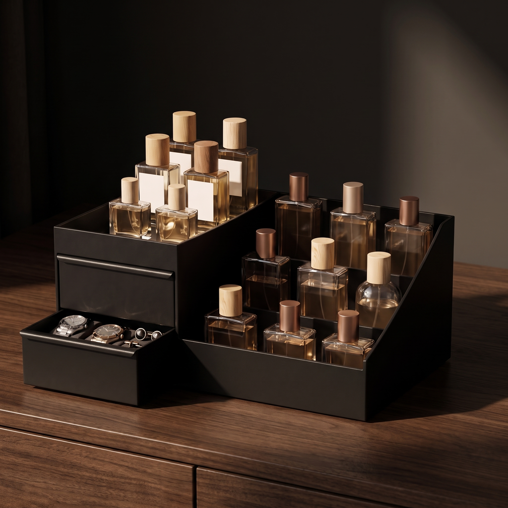 7-Compartment Cologne Stand with Drawers
