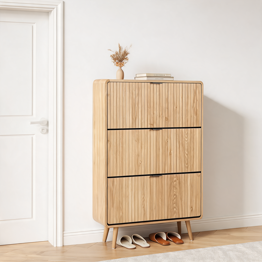Slim Fluted Shoe Cabinet with 3 Flip Drawers