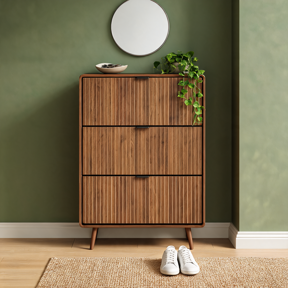 Slim Fluted Shoe Cabinet with 3 Flip Drawers