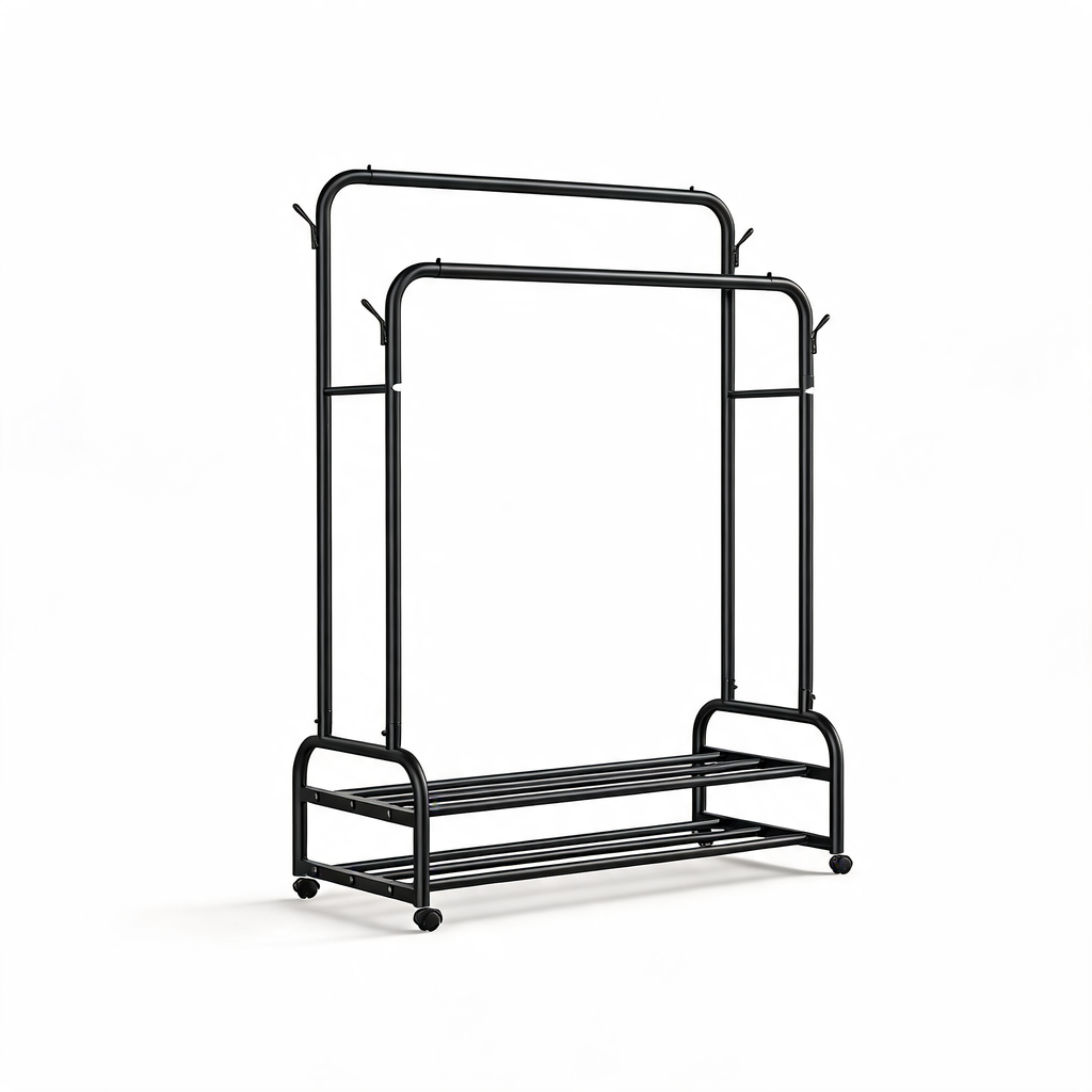 Double-Rod Rolling Garment Rack With Shoe Shelves