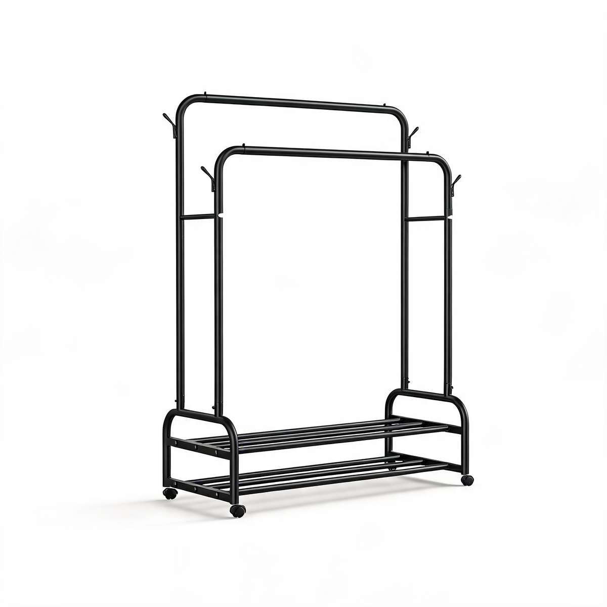 Double-Rod Rolling Garment Rack With Shoe Shelves