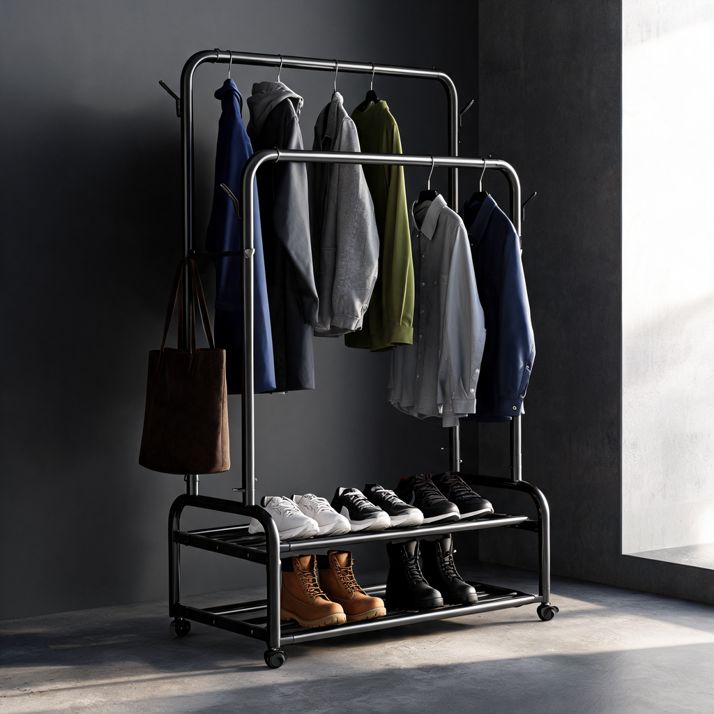 Double-Rod Rolling Garment Rack With Shoe Shelves