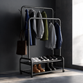 Double-Rod Rolling Garment Rack With Shoe Shelves