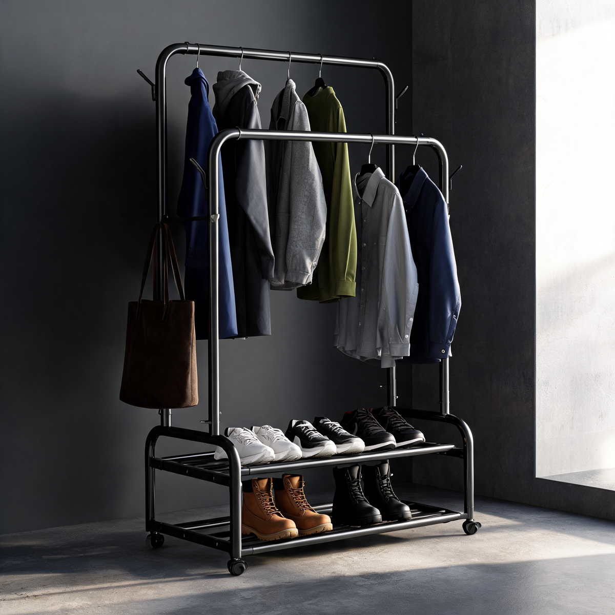 Double-Rod Rolling Garment Rack With Shoe Shelves