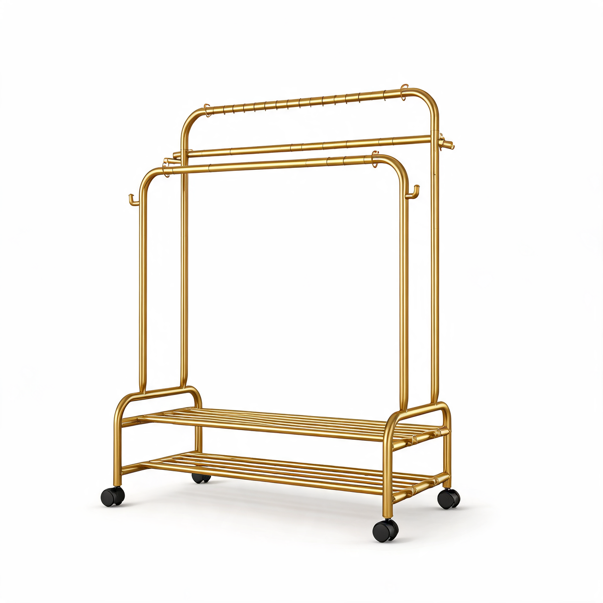 Double-Rod Rolling Garment Rack With Shoe Shelves