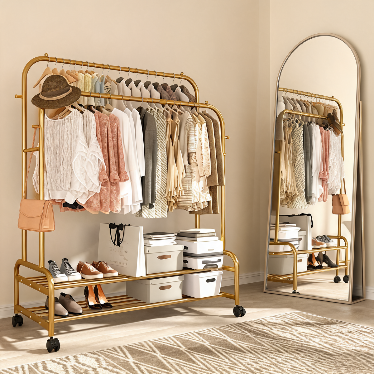 Double-Rod Rolling Garment Rack With Shoe Shelves