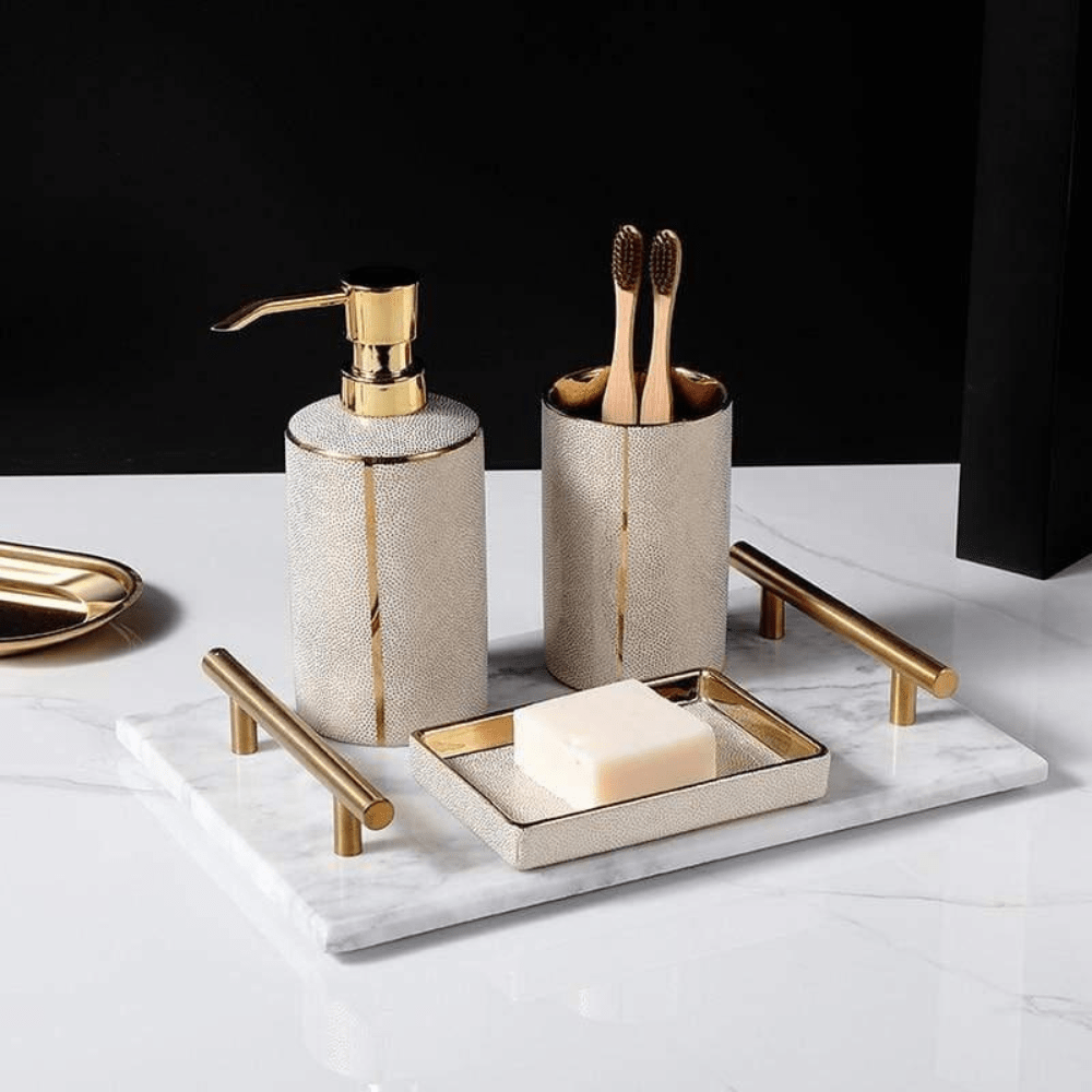 Ceramic Bathroom Accessory Set with Gold Accents