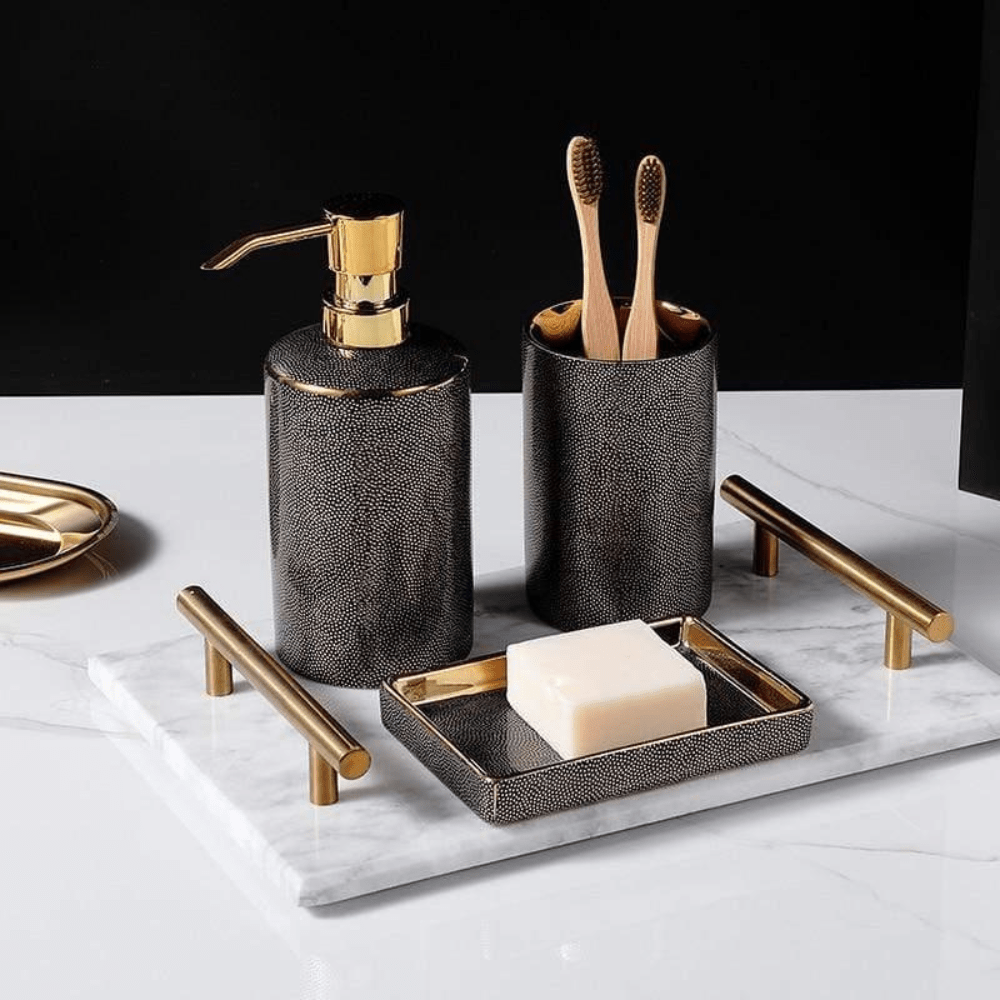 Ceramic Bathroom Accessory Set with Gold Accents