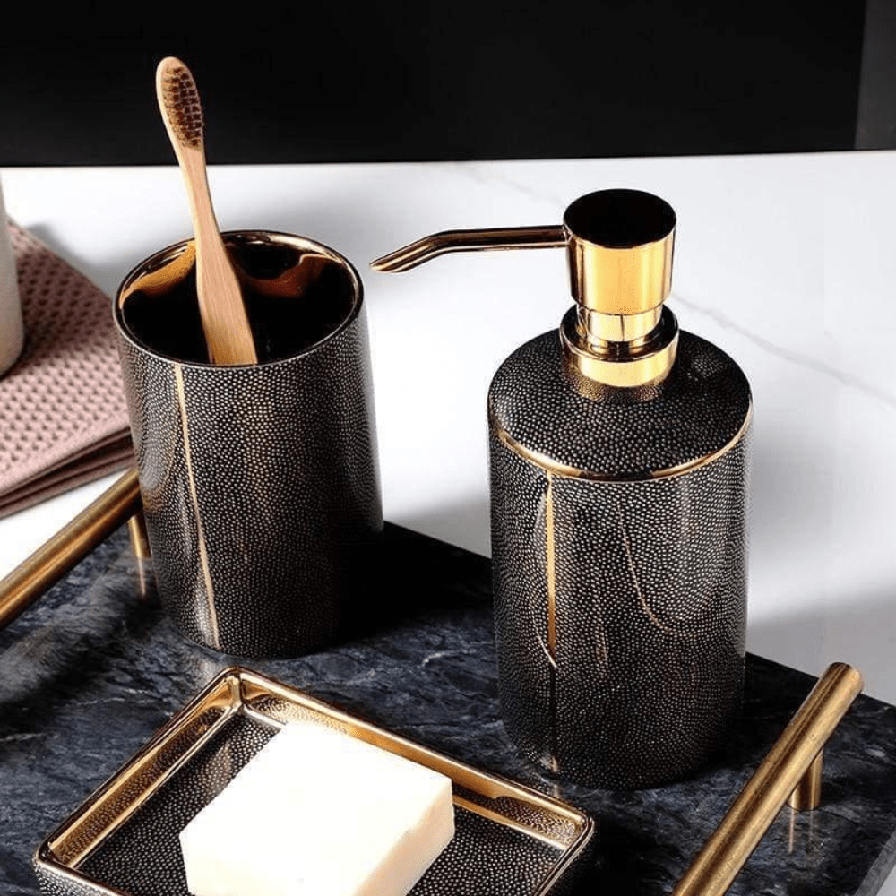 Ceramic Bathroom Accessory Set with Gold Accents