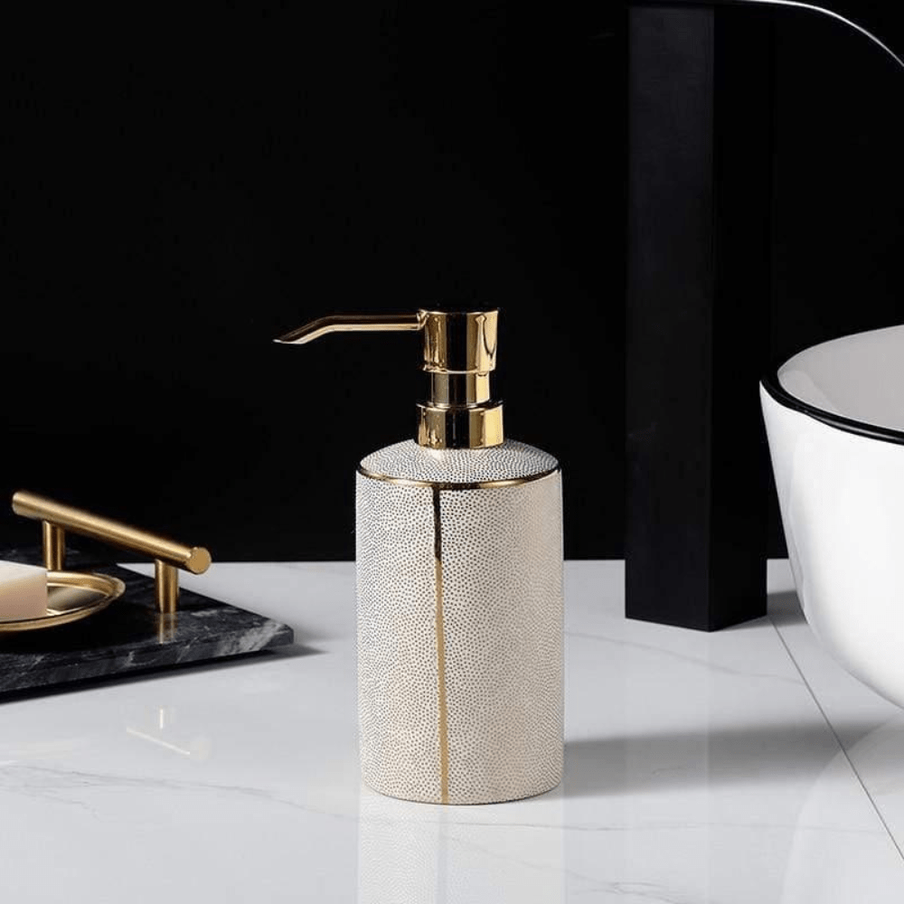 Ceramic Bathroom Accessory Set with Gold Accents