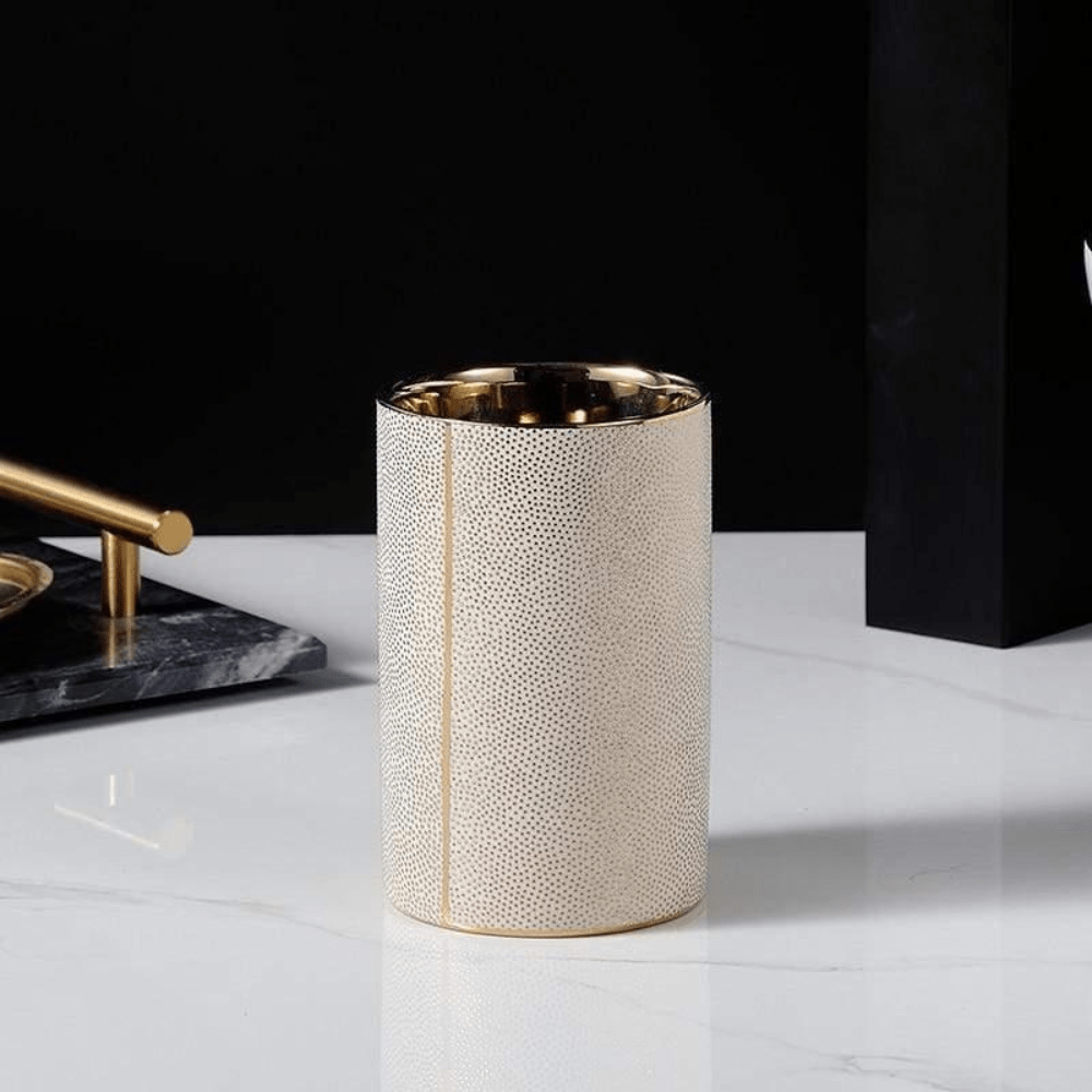 Ceramic Bathroom Accessory Set with Gold Accents