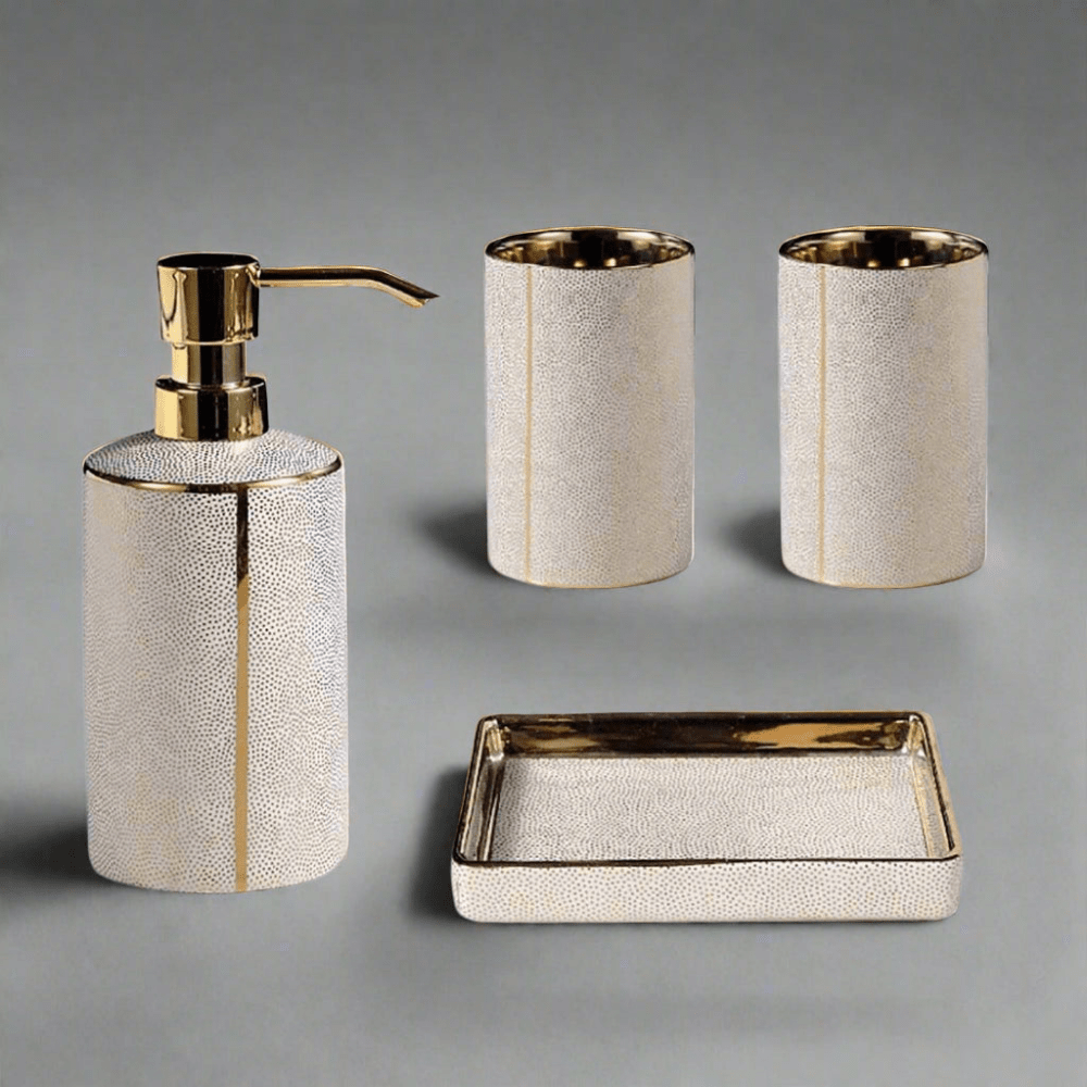Ceramic Bathroom Accessory Set with Gold Accents