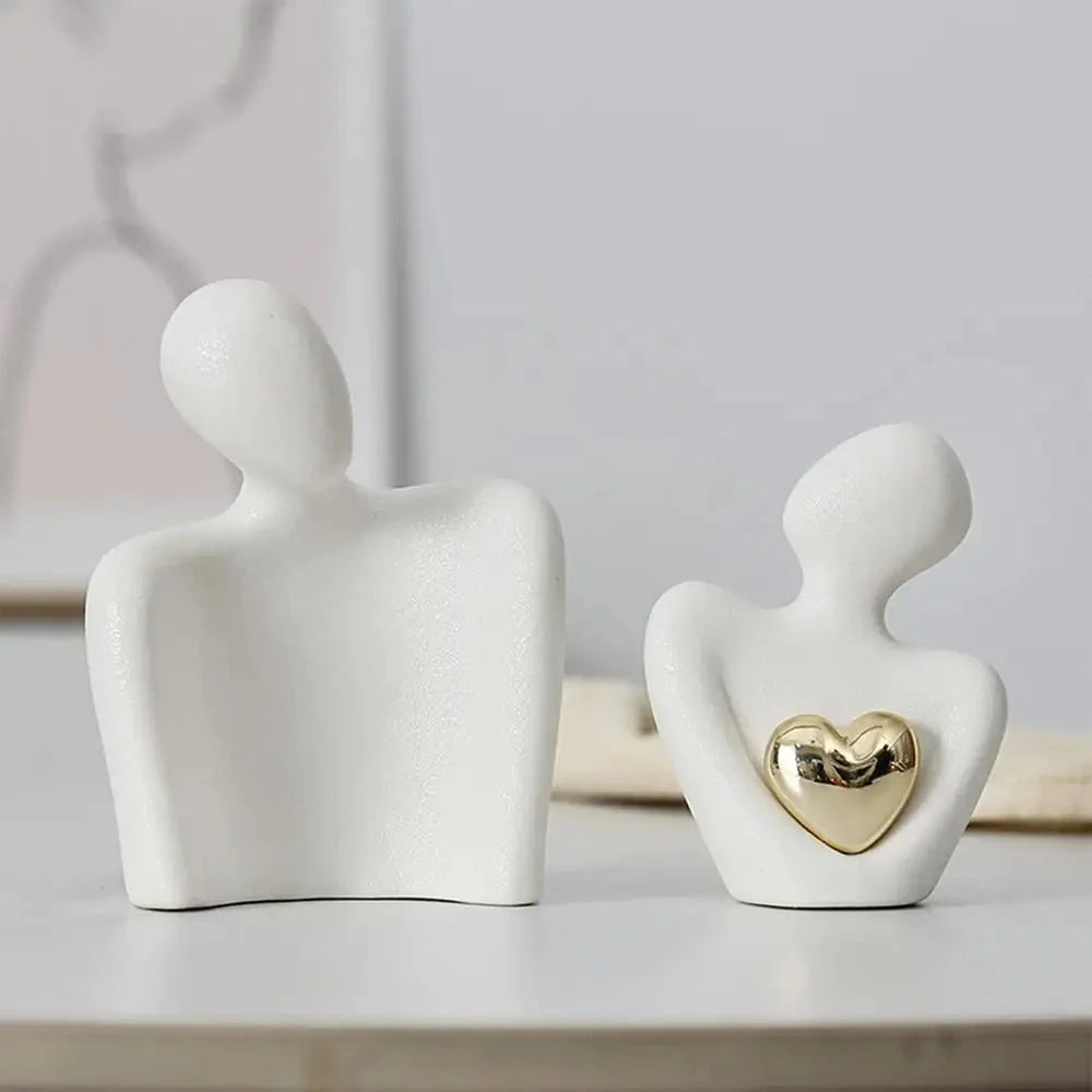 Ceramic Couple Sculpture with Gold Heart, Set of 2