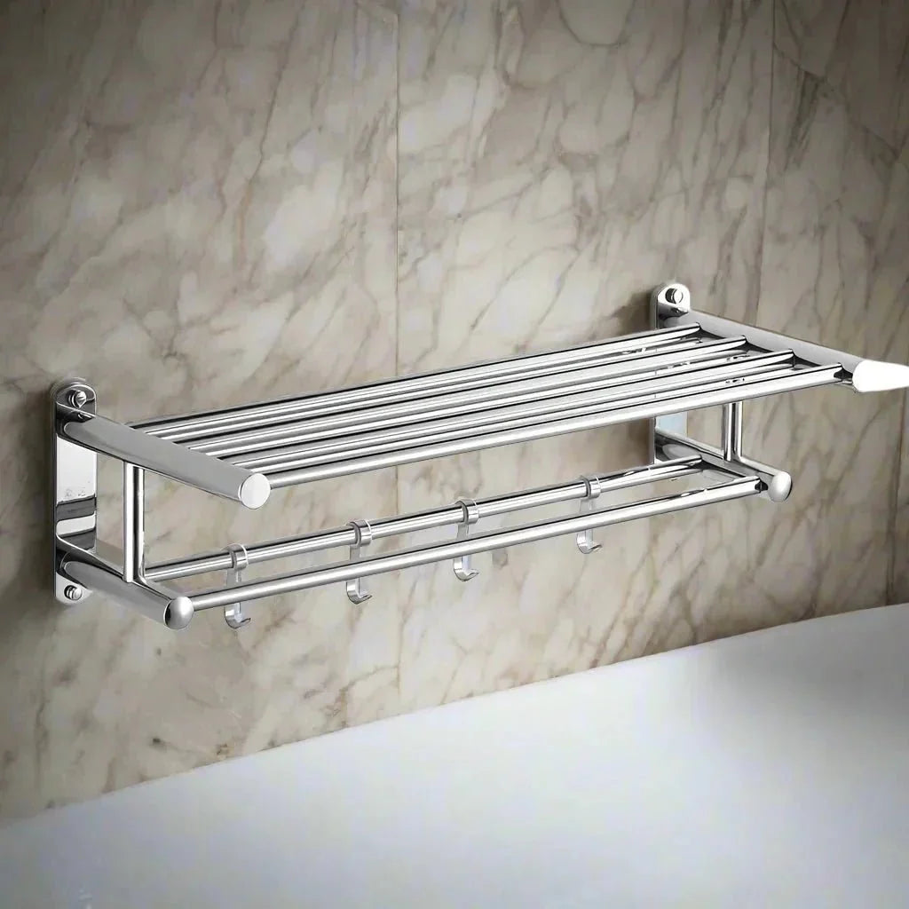 Stainless Steel Towel Rail with Shelf and Hooks