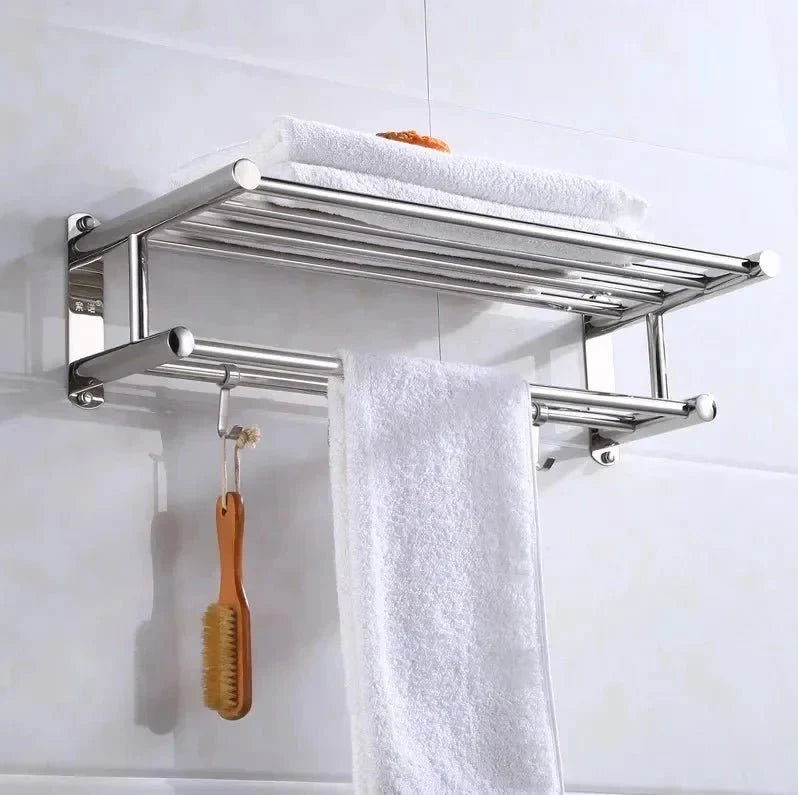 Stainless Steel Towel Rail with Shelf and Hooks