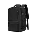 Black multi-compartment backpack with front pocket and compression straps