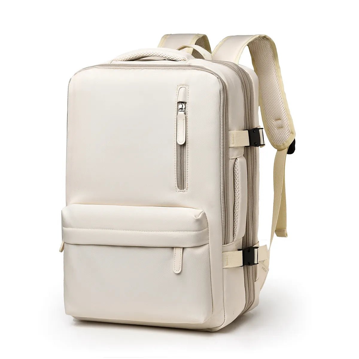Beige multi-compartment backpack with front pocket and zip pocket, three-quarter view