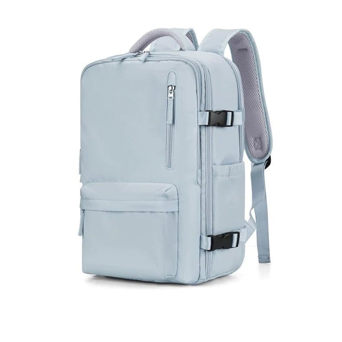 Light blue multi-compartment backpack with adjustable shoulder straps, angled view