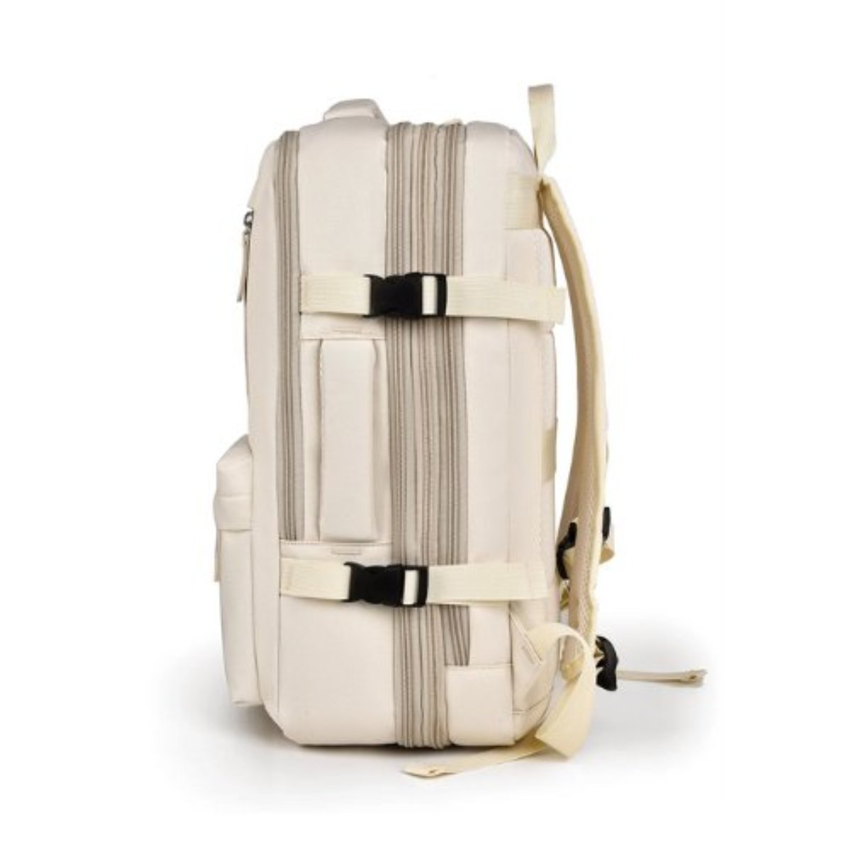 Side view of beige backpack with compression straps and side zips