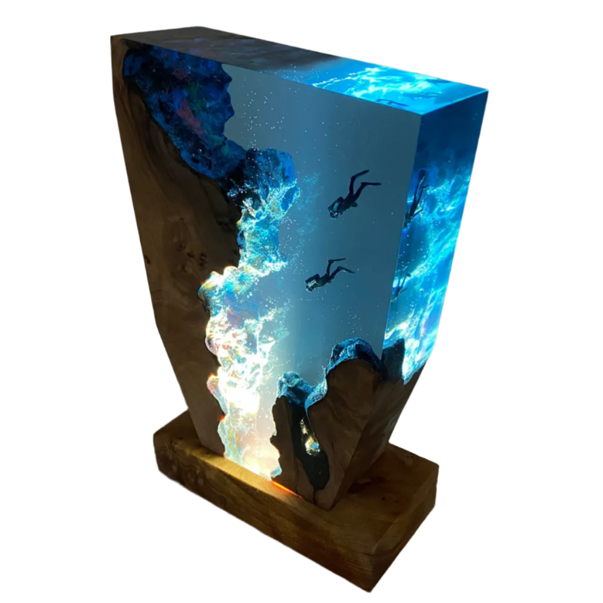 Brown wooden diver table lamp with integrated lighting on a white background