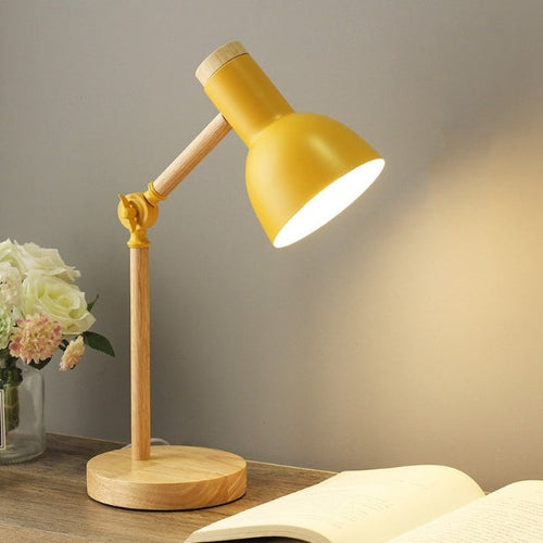 Adjustable Table Lamp with Wood Arm and Metal Shade