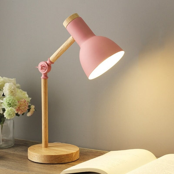 Adjustable Table Lamp with Wood Arm and Metal Shade