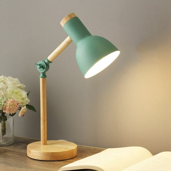 Adjustable Table Lamp with Wood Arm and Metal Shade
