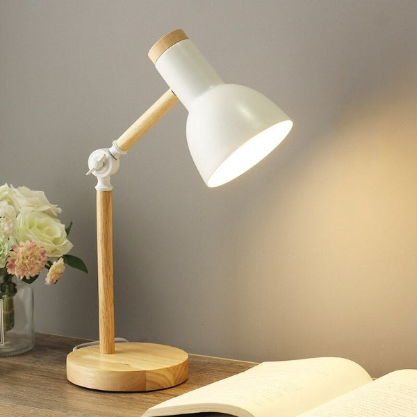 Adjustable Table Lamp with Wood Arm and Metal Shade