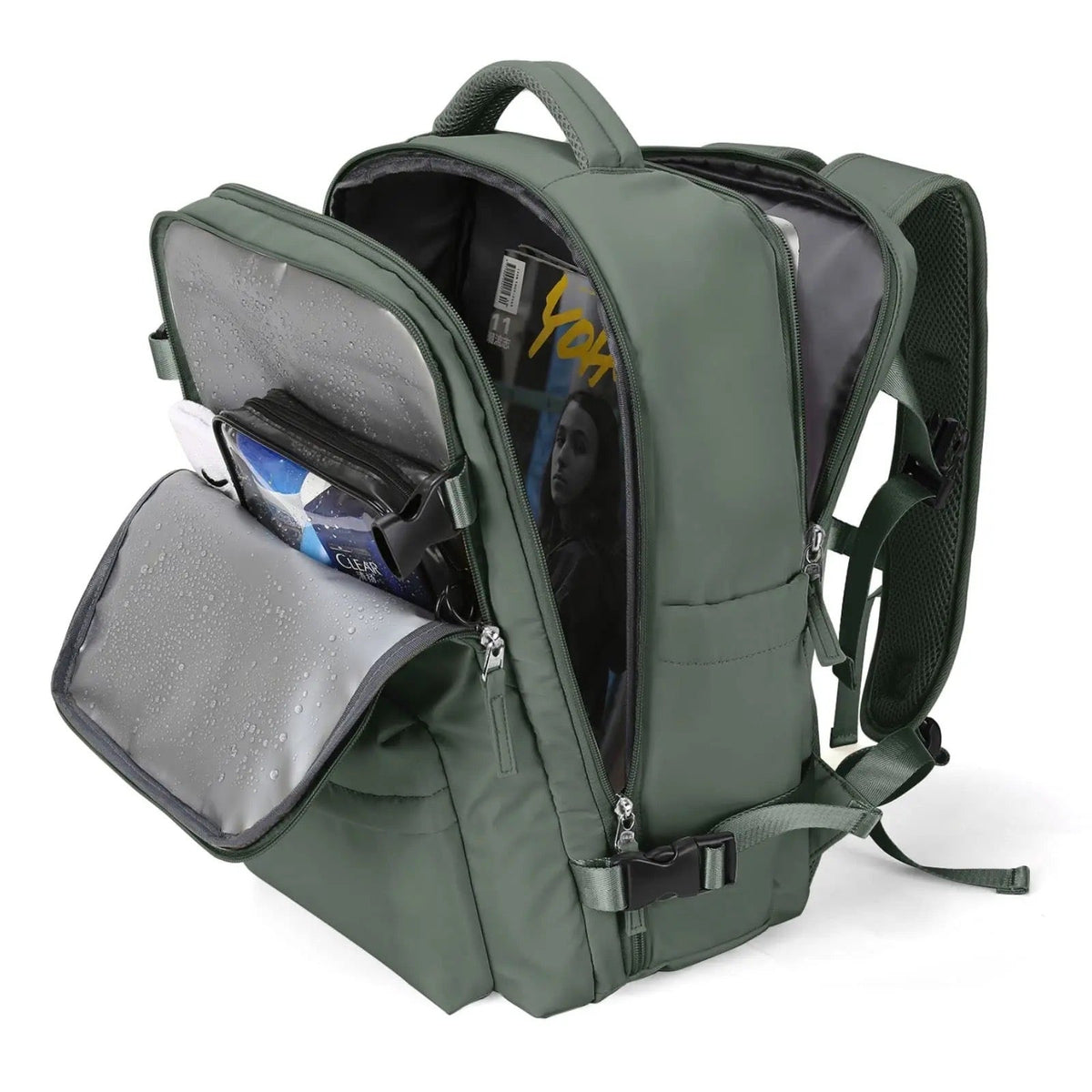 Green multi-compartment backpack with open compartments showing the interior