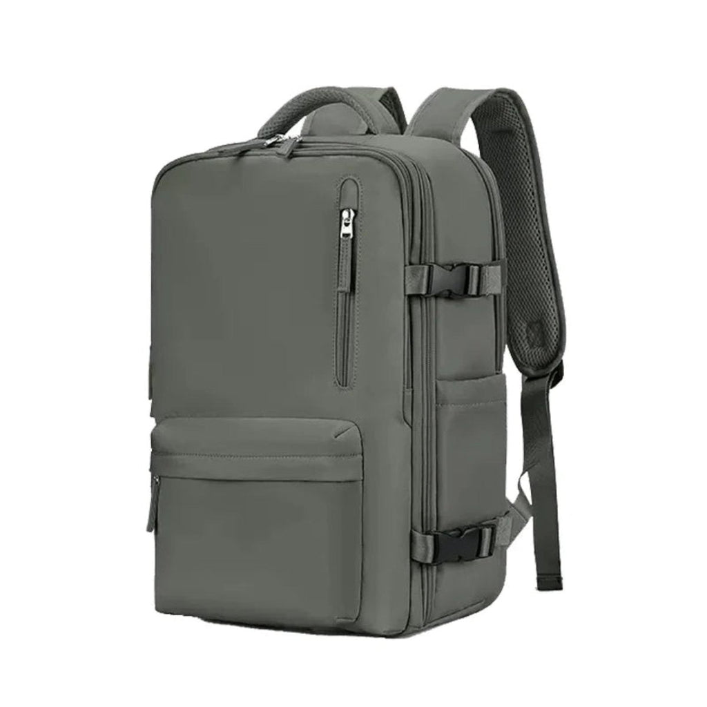Grey multi-compartment backpack with front pocket and adjustable shoulder straps