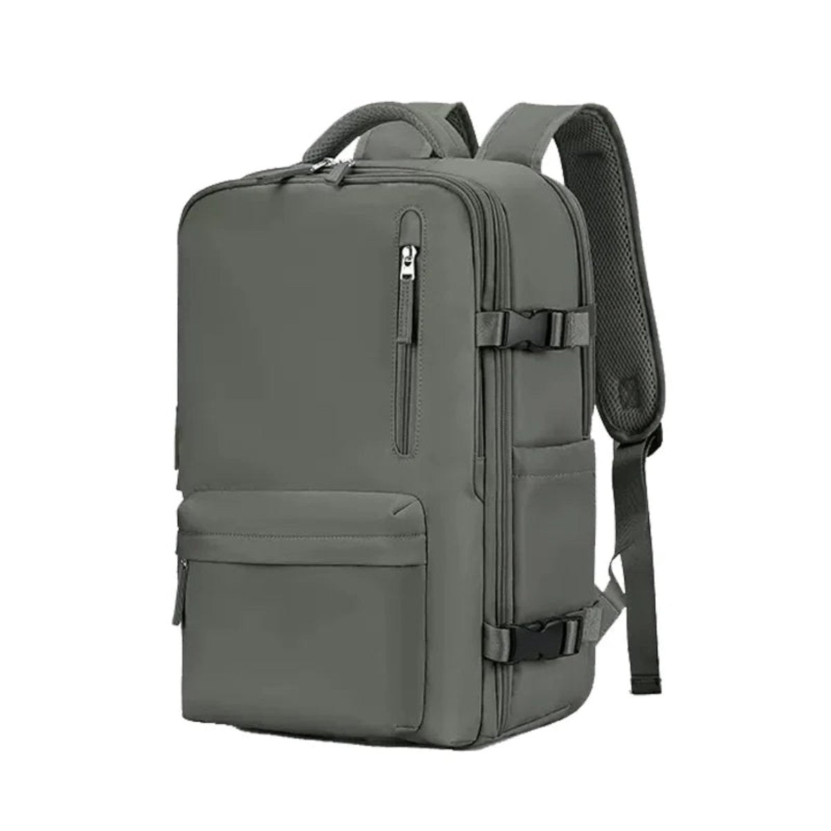 Grey multi-compartment backpack with front pocket and adjustable shoulder straps