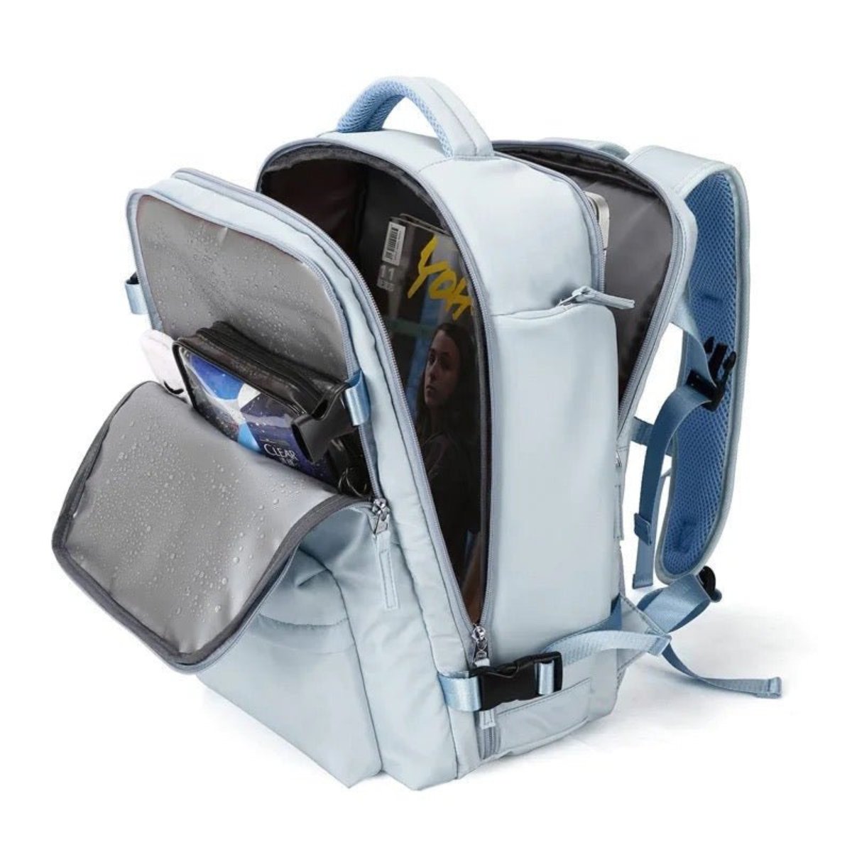 Light blue backpack with open compartments showing the interior