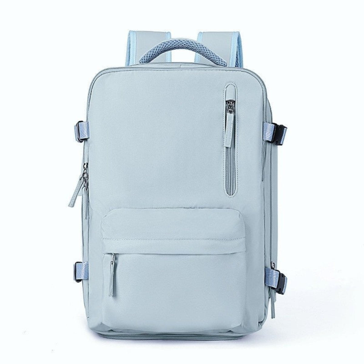 Light blue multi-compartment backpack, front view with front pocket
