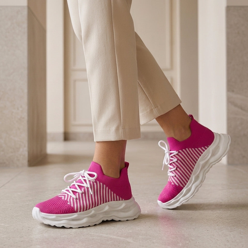 Pink knit walking shoes with white laces, diagonal stripes and a chunky white sole