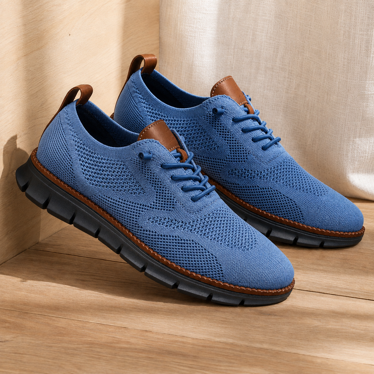 Pair of blue knit sneakers with a black ridged sole, angled view on a wooden floor