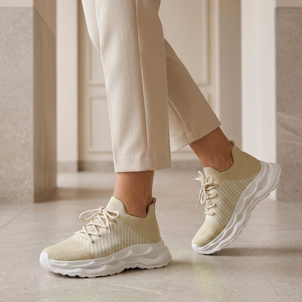 Cream knit upper walking shoes with matching laces, white stripes and a sculpted platform sole