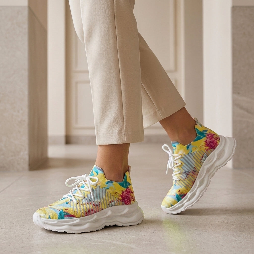 Tie-dye knit sneakers with a yellow, blue and pink floral pattern, grey stripes and a wavy white sole