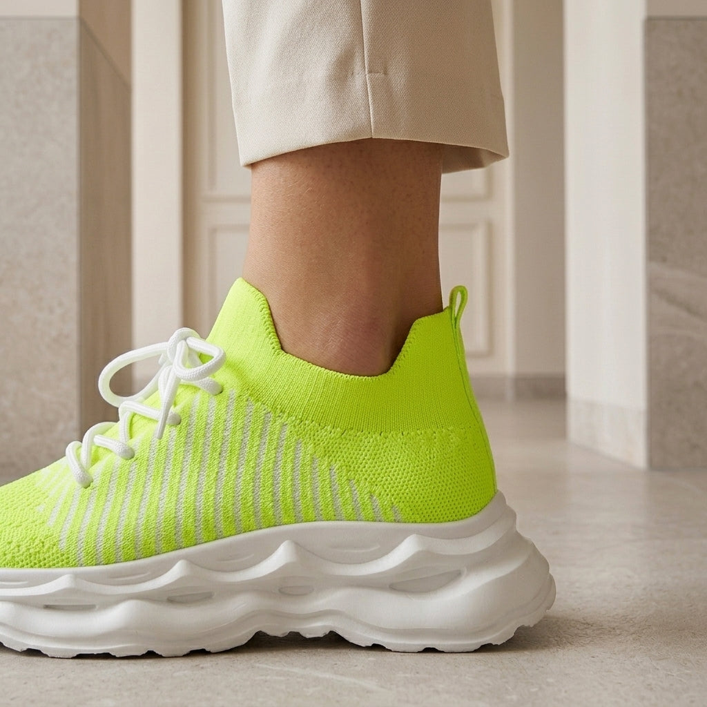 Close-up side view of fluorescent green orthopaedic trainers with a heel pull loop and wavy white sole