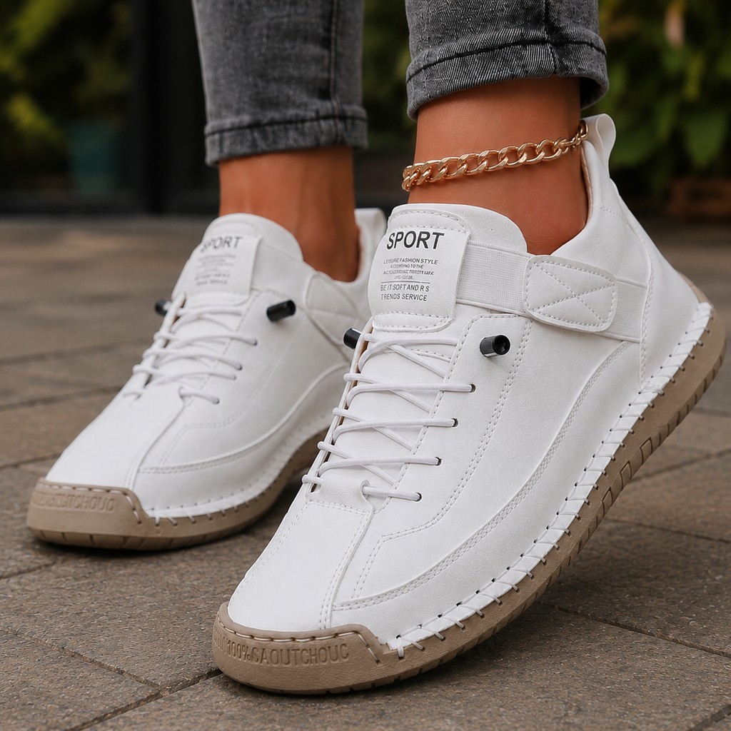 Women's white leather look lace up trainers with adjustable ankle strap