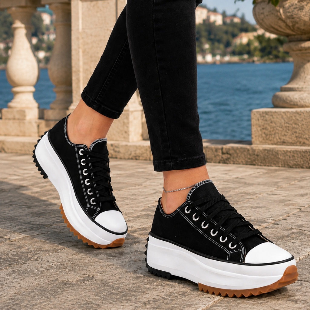 Black platform sneakers women, chunky platform trainers and lace-up platform sneakers with a reinforced contrast toe cap
